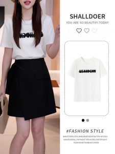 Shalldoer | Fashionable Lace Splice Letter Print Short Sleeve T-Shirt Womens New 2025 Cleanfit Style Universal Fit Daily Wear Top