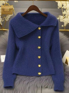 Áo Sweater Knit Đa Năng Phong Cách Nhật Cổ Đơn Giản Nút Đơn