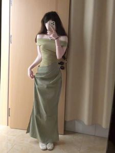 CHANGTONG | Off-Shoulder Mesh Fitted Long Dress