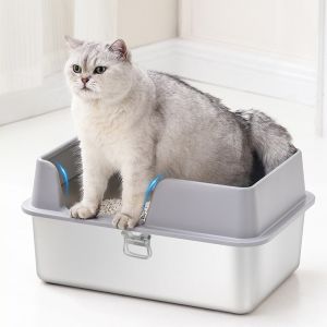 Stainless Steel Cat Litter Box High Fence Side Opening Handheld Large Size Anti-Splash Semi-Closed Cat Toilet Cat Poop Pan