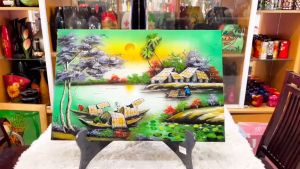Tranh sơn mài đồng quê vẽ màu đẹp Thanh Bình Lê hàng xuất khẩu 40x60 cm