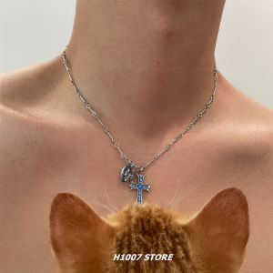 American Hip Hop Style Blue Cross Love Mens Necklace Unique Design Clavicle Chain Womens Neck Chain Sweater Chain