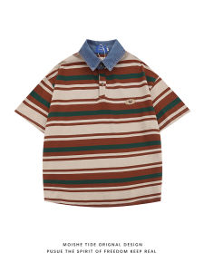 Moishe Tide Trendy Retro Denim Patchwork Lapel Polo Shirt Baby Boy and Girl Summer Loose Couple Short Sleeve T-Shirt