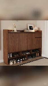 [PRE-ORDER] ENF-grade custom solid wood shoe cabinet walnut wood color retro style for home use entrance door and entryway.