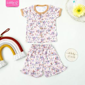 Little Q - BIS - Setelan Baju Bayi Lengan Pendek dan Celana Pendek Bis Rempel Print