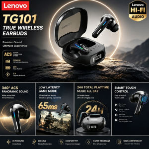Lenovo | Lenovo TG101 Premium Wireless Bluetooth Earbuds With LED Power Display & Immersive Hi-Fi Stereo Sound Semi-in-ear Gaming Headset