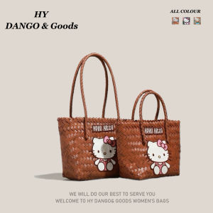 Adorable Hello Kitty Woven Basket Handbag Large Capacity Womens Tote Bag for Work Youthful Style Double Handle Soft PVC Strap