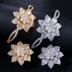SEQUITO Valuable Yellow Gold Silver Plating Woman Jewelry Sets Full Micro Paved AAA Bling Cubic Zircon Luxury Big Flower Open Cuff Bangle and Ring Set for Wedding Pageant SJ363
