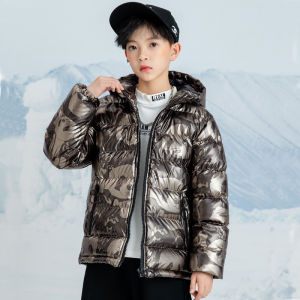 Thickened down Cotton Jacket for Big Kids Winter Warm Windproof Washless Fashionable Childrens Coat Polyester Fiber Zipper Closure Hat