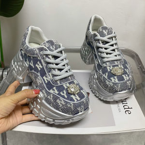 Trendy Water Diamond Dad Shoes Womens Canvas Thick Bottom Heightening Lightweight Platform Casual Shoes Cross Buckle Design