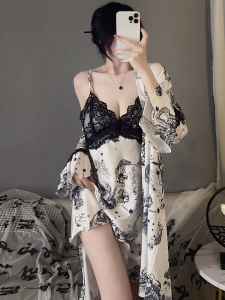 Chic V-Neck Ice Silk Sleepwear Womens Strapless Home Clothes Set Thin Backless Spring Autumn Style with Chest Pad