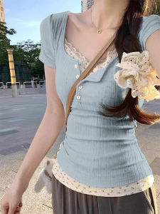 Floral Lace Trim Fit Short Sleeve T-Shirt Womens Summer Design Sensation Shoulder Top Elegant Slim Short Length Upper Apparel