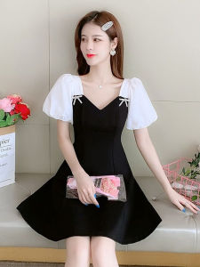 Chic V-neck Bubble Sleeve Slimming Black Dress Womens Summer 2025 New French Style Chiffon Dress Casual High Waist A-line Skirt