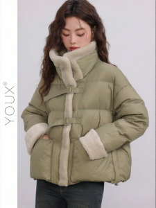 YOUXIANG | Áo Khoác Bông Xanh Ấm Áp Cổ Đứng Vintage Mới cho Phụ Nữ Mùa Đông