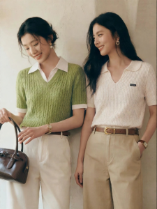 SEIFINI | Plaid Contrast V-Neck Faux Two-Piece Knit Slim Summer Top