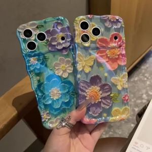 Luxury Blue Light Oil Painting Flowers Wavy Phone Case For iPhone 17 16 15 14 Plus 13 12 11 Pro Max Shockproof Protective Cover