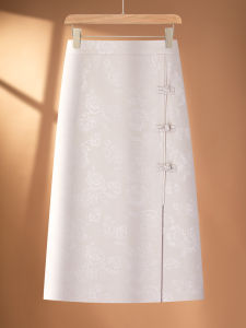New Chinese Style Half Skirt Womens Summer New Embossed Floral Satin Wrap around Skirt High Waist mid Length a Line Skirt