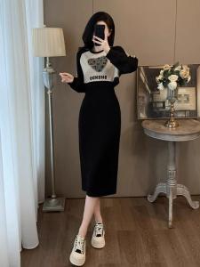 Casual Hoodie Dress Womens Spring Autumn High Waist A-Line Skirt Long Sleeve round Neck Mid-Length Over-Knee Slimming Belly Cover