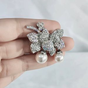 SO SEOUL Camellia Flower Leave with Double Dangling Pearl Austrian Crystal Rollover Clasp Brooch
