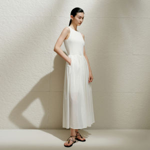 Ariose Years French Style Silk Blend Gathered Neckline Sleeveless round Neck Vest Dress Women Summer Gauzy Knitted Long A-Line Dress