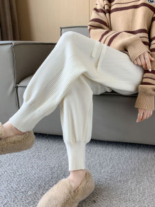 White Pants for Women Autumn and Winter Thickened Knitting Grandmas Pants Small Loose Tappered Cropped Ankle-Tied Harem Pants Trendy