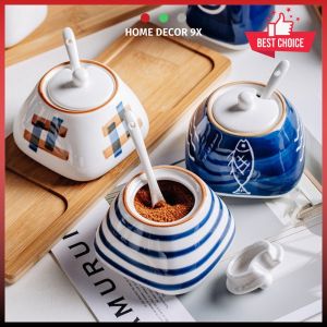 Lọ Đựng Gia Vị Gốm Sứ Hũ Đựng Gia Vị Nhà Bếp 300ml Tặng Kèm Thìa Cao Cấp Decor Phòng Bếp