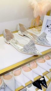 (LÙI 1 SIZE- ĐỌC MÔ TẢ) Giày ball nơ đá xám HALEY STORE gót cao 2cm bít mũi nhọn mika trong suốt đính nơ cô dâu tiểu thư công chúa đi tiệc