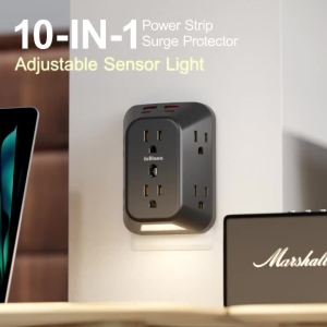 Bộ Sạc Tường USB 10 Trong 1 Tích Hợp Bảo Vệ Quá Áp Đèn Ngủ Bộ Chia 6 Ổ Cắm 4 Cổng USB Đa Đầu Cắm Gắn Tường Cho Gia Đình