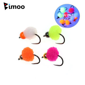 Bimoo 4PCS #16 Fluorescent Brass Bead Head Barbless Eggstacy Egg Fly Artificial Salmon Fish Roe Bait Trout Bass Fishing Lures
