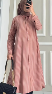 tunik dewasa jumbo full kancing kemeja tunik salur kekinian outfit wanita trendy midi dres wanita