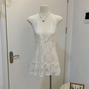 Low-Neck Lace Halter Neck Vest Womens Summer Autumn Winter Layering Mesh Hollow out Inner Wear Tank Top Base Shirt