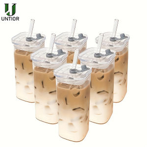 UNTIOR 4pcs Set of Square Glass Cups with Lids and Straw - Portable Drinking Glasses & Coffee Mugs Ideal for Office Home School