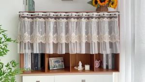 Rusitc Beige Embroidered Tulle Lace Short Valance Curtain for Kitchen Cabinet Sheer Voile Small Window Vintage Farmhouse Decor