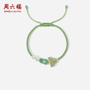 ZHOU LIU FU 周六福 24K Solid Gold Bracelet Green Jade Beads Butterfly Charm Green Braided Bracelet for Women Wife Lady Mum Anniversary Birthday 16+6cm Y1714012