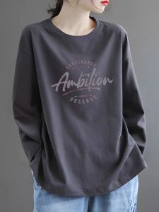 Brand Womens Cotton round Neck Casual Loose plus Size Slimming Printed Top Comfortable Breathable Autumn Long Sleeve T-shirt