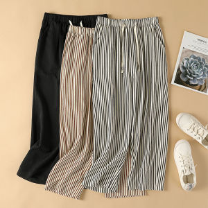 Summer Thin High Waist Loose Ice Silk Stripe Casual Pants Womens Nine Points Straight Leg Harem Pants Comfortable Casual Trousers