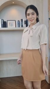 E19 เสื้อทํางานผู้หญิง แขนสั้น แต่งเชือกผูก สไตล์มินิมอล ทรงน่ารักมาก Easter Egg