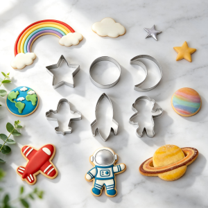 6PCS Space Astronaut Cookie Cutter Set Food Grade Stainless Steel Smooth Edge Molds for Fondant Fruit Biscuit Home DIY Baking