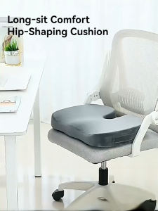 W-shaped seat cushion with ergonomic design for leg relaxation and pressure reduction. Back view and side view images show cushion placement on chair.