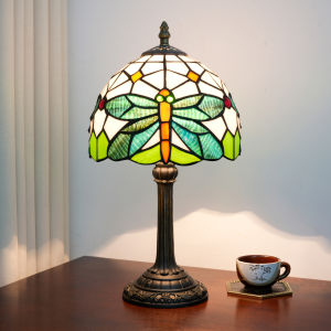 8-Inch Staiend Glass Table Lamp Retro Green Dragonfly Indoor Desk Lamp Decoration Lamp for Office Dining Room and Bedroom