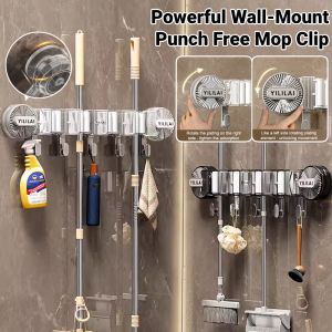 【Detachable and Reusable】Powerful Wall-Mount Punch Free Mop Holder Kitchen bathroom Roller Mop Clamp Sticky Hook
