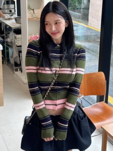 Áo Len Cardigan Dệt Kim Dài Tay Ôm Vừa Vặn Họa Tiết Sọc Nhiều Màu Sắc Thời Trang Thu Đông Cổ Tròn Không Tay Áo Khoác Ngoài