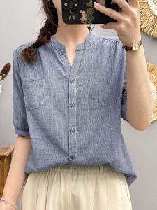 Pure Cotton V-Neck Short Sleeve Plaid Shirt for Women Loose Fit Casual Style Sun Protection Slimming Effect