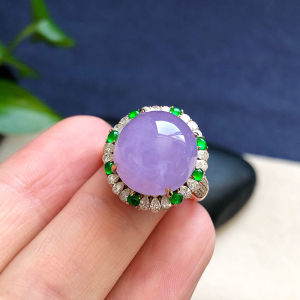 Natural Violet Amethyst Cabochon Gold Plated Emerald Inlay Ring