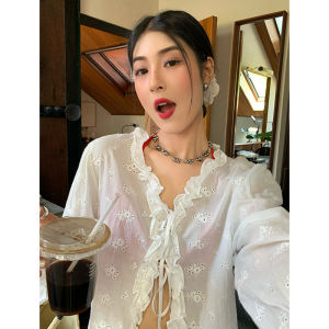 White V-neck Lace Loose Shirt Womens Summer Style New Arrival Tefamani Korean Version Long Sleeve Cotton Blend Outerwear