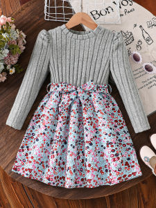 Spring and Autumn Girls Simple Casual Versatile Knitted Round Neck Long-Sleeved Floral Dress Girls Daily Casual Dress