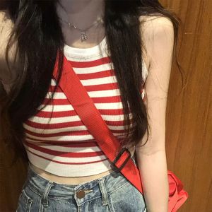 Sọc Đỏ Ice Silk Dệt Kim Áo Bralette Bể Nữ Mùa Hè Ngọt Cay Bên Trong Mặc Áo Sơ Mi Không Tay Thiết Kế Lưng Mở