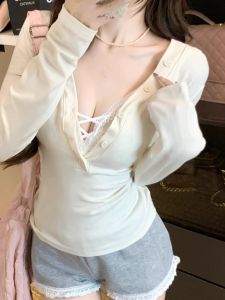 LUOFEN | เสื้อเชิ้ตแขนยาวสุดเซ็กซี่ ทรงกระชับ V-Deep ปุ่ม