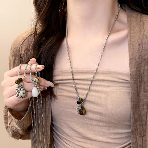 Tiger Eye Stone Waterdrop Pendant Long Necklace Women 2025 New High-End Lightweight Luxury Sweater Chain Accessory