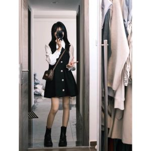 French Style Black Vest Dress Womens Waist-Tight Elegant Short Skirt White Bottoming Shirt Two-piece Set Autumn and Winter